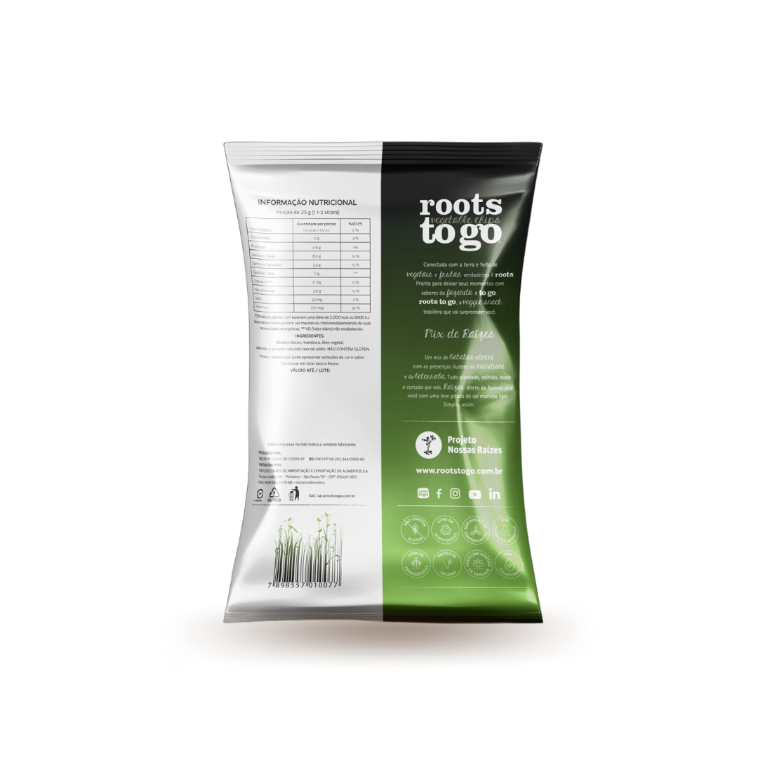 Caixa c/ 12 unid. Chips de Mandioca e Batata-Doce Roots To Go 100g