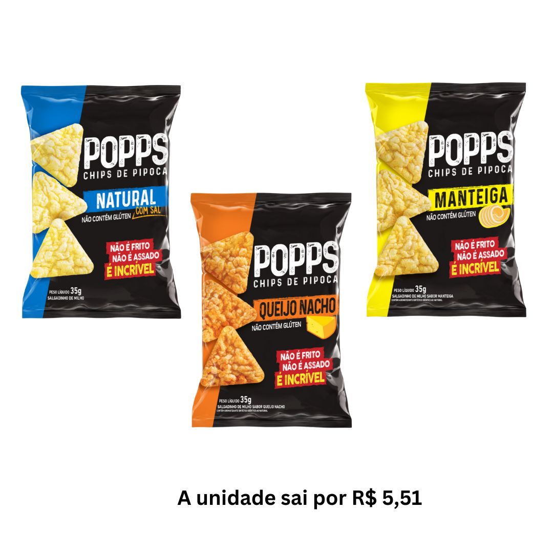 Kit Mix Popps Chips de Pipoca Roots To Go 15 unidades.